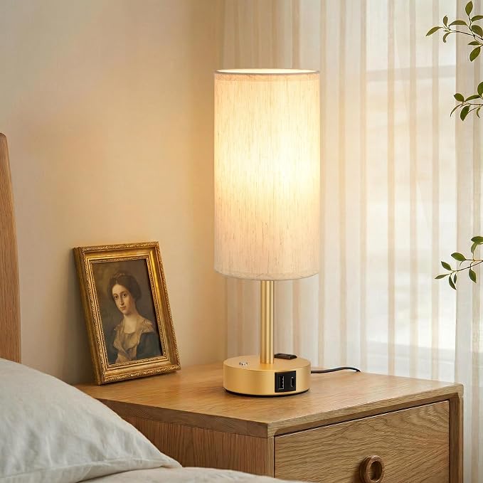 Gold Touch Bedside Lamp for Bedroom, Stepless Dimmable, USB A+C, AC Outlet | Base Touch Button Only, Memory Brightness, Ultra-dim Night Light, Included Bulb for Optimal Dimming, Cream Fabric Shade, Desk