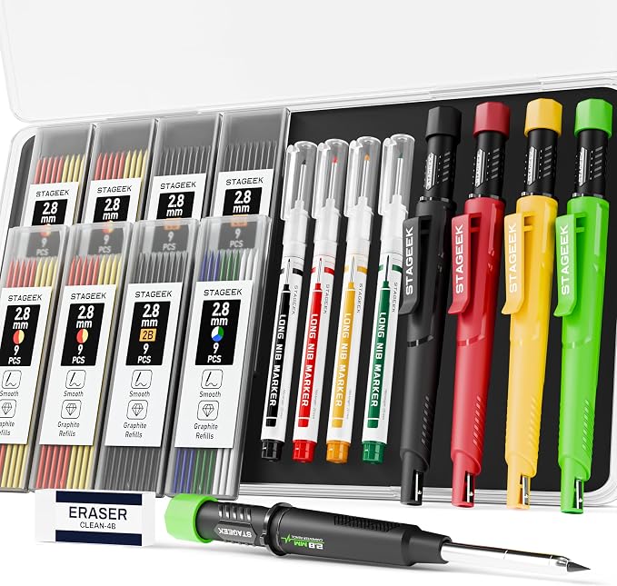STAGEEK 2.8mm Mechanical Carpenter Pencils with Sharpener, 4 Pack | 76 Refills, Construction Pencil Heavy Duty Woodworking Tools, Waterproof Deep Hole Long Nib Marker Pens for Architect Marking