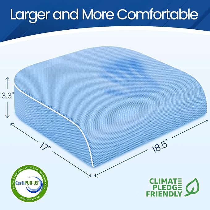 SweetSlubr Seat Cushion for Tailbone Pain Relief, Office Chair Cushion, Memory Foam Large Chair Pad with Non-Slip Cover for Soft Support at Office Chair, Car Seat, Airplane Light Blue/X-Large