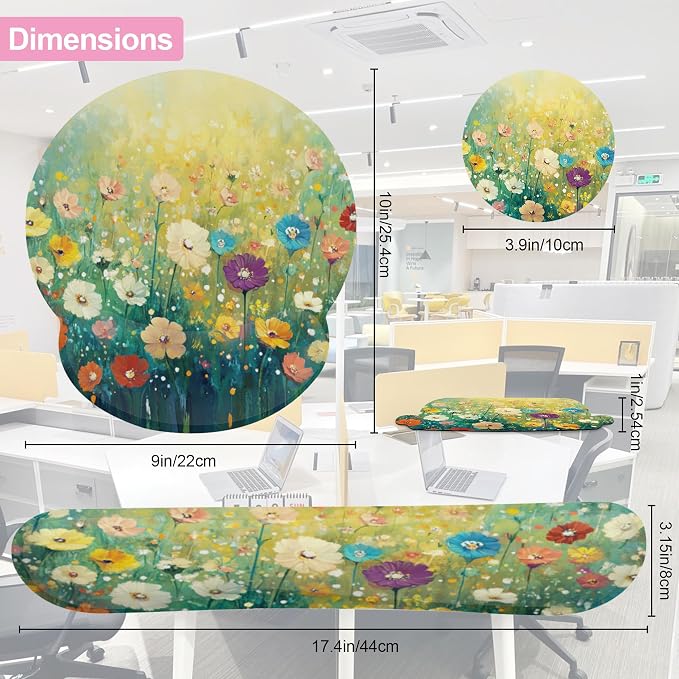 Flower Daisy Poppy Floral Keyboard Wrist Rest Pad Mouse Pad Set,Ergonomic Mousepad Wrist Support Memory Foam Desk Pad for Gaming Office,Non-Slip Rubber Base Easy Typing for Home Office Computers