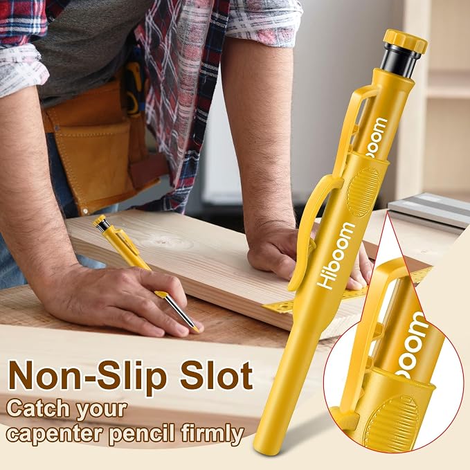 Hiboom 2 Pack Carpenter Pencils with Pencil Cap and 18 Refills, Yellow | Mechanical Pencil, Deep Hole Marking, Built-In Sharpener, Long Nose Tip, Pocket Clip, Marks Many Surfaces, Woodworking Use