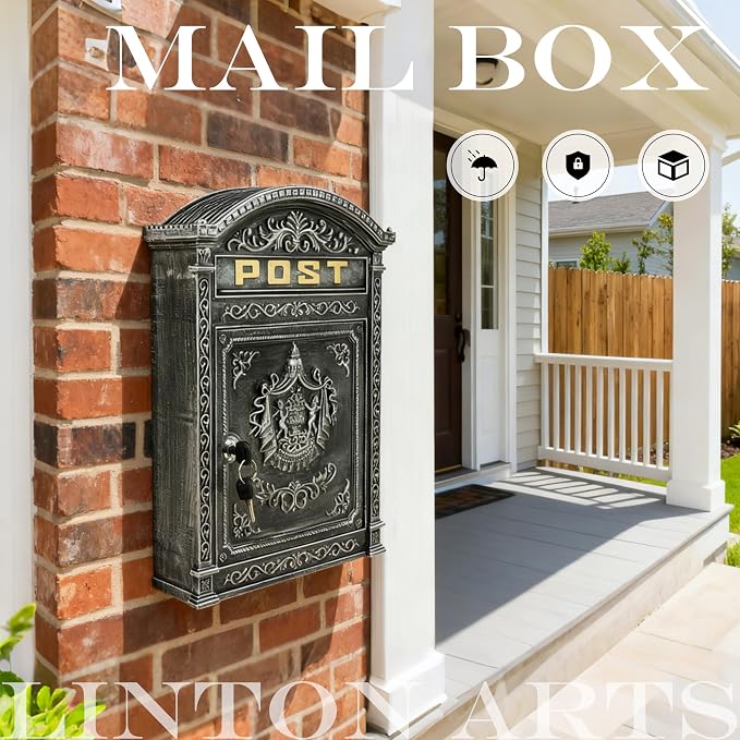 Vintage Lockable Wall Mount Mailbox, Heavy Duty Cast Aluminum Mail Box, Weatherproof Decorative Post Box for Outside, Antique Silver Finish, Large Capacity