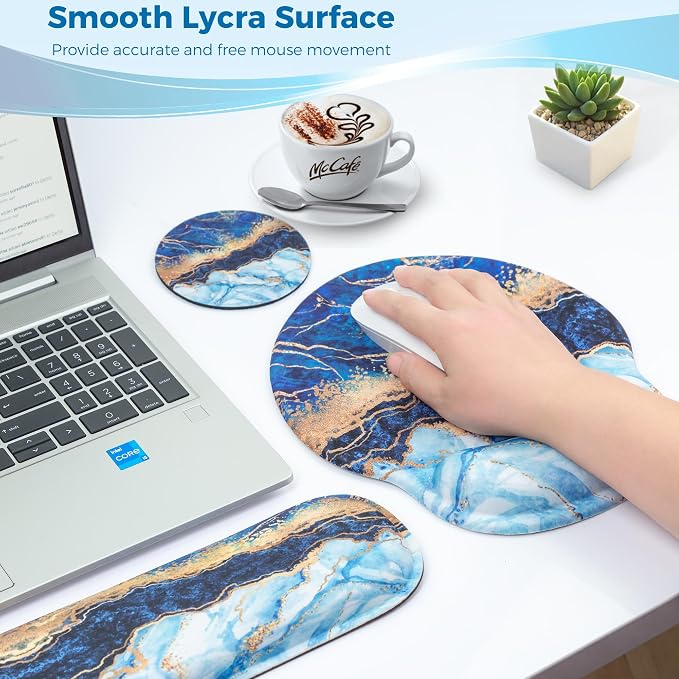 Mouse Pad and Keyboard Wrist Rest Support,Ergonomic Mouse Pad Set | Mousepad With Coaster and Non-Slip PU Base,Pain Relief for Desk Desktop Gaming, Computer,Office -Beach