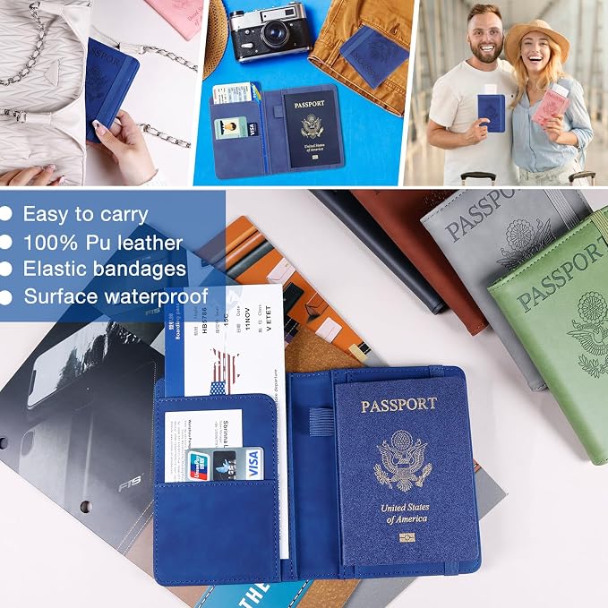Melsbrinna Premium Leather Passport Holder Covers Case, Waterproof Rfid Blocking Travel Wallet Passport Holder with Pen Holder, Cute Passport Book for Women/Men