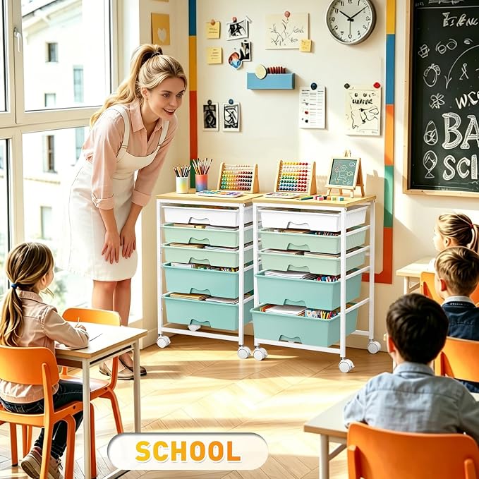 SUNALLY Rolling Carts with 5 Drawers, Storage Drawer Carts for Craft, Green | Rolling Utility Cart with Wooden Tabletop & 2 Lockable Wheels, Teacher Storage Cart for Classroom School, Makeup, Nail, Art