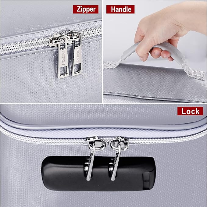 ENGPOW Small Fireproof Storage Organizer Case with Lock, 9”x 5.3”x 3.7” | Money Safe Wallet Carrying Bag with Multi-Pocket,Portable Home Travel for Cash,Card,Passport,Coin,Check,Bill,Soft Box,Silver