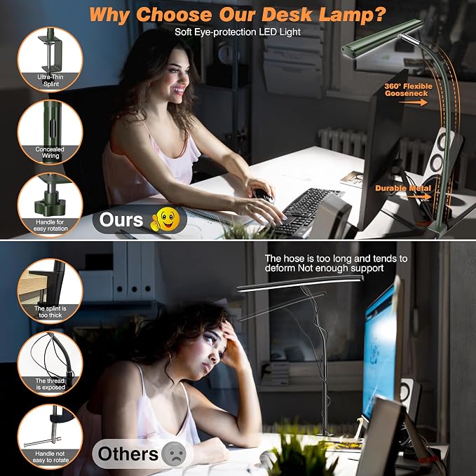 Airlonv LED Desk Lamp with Clamp, 17" Stepless Dimming Light, Green | 2700K-6500K, 100 LEDs, 360° Gooseneck, Fits Up to 30" Monitors, Flicker-Free Lighting for Home Office, Study& Workbench
