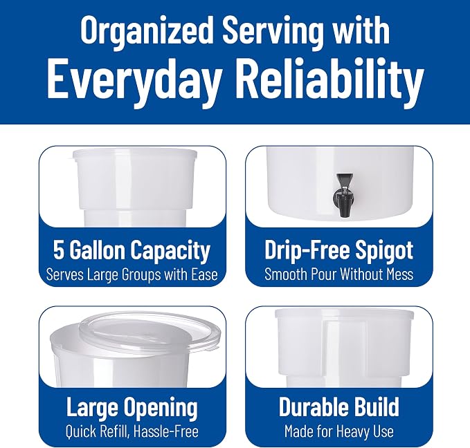 Carlisle FoodService Products Round Beverage Dispenser Drink Dispenser with Spigot for Catering, Plastic, 5 Gallons, White