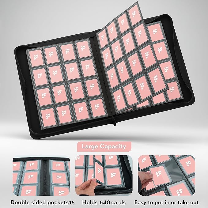 Toploader Binder,16 Pocket Top Loader Binders for 3" x 4" Rigid Cards,Toploader Card Binder for Hard Plastic Top Loaders,Holds 640 Top Loaders(Pink)