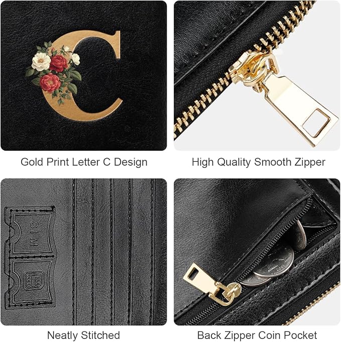 Passport Holder for Travel Personalized Wallet with Wristlet Women | Passport Cover, RFID Blocking, Passport Book Holders, Back Coin Pocket, Zipper Closure, Roses Initial Letter, Black C