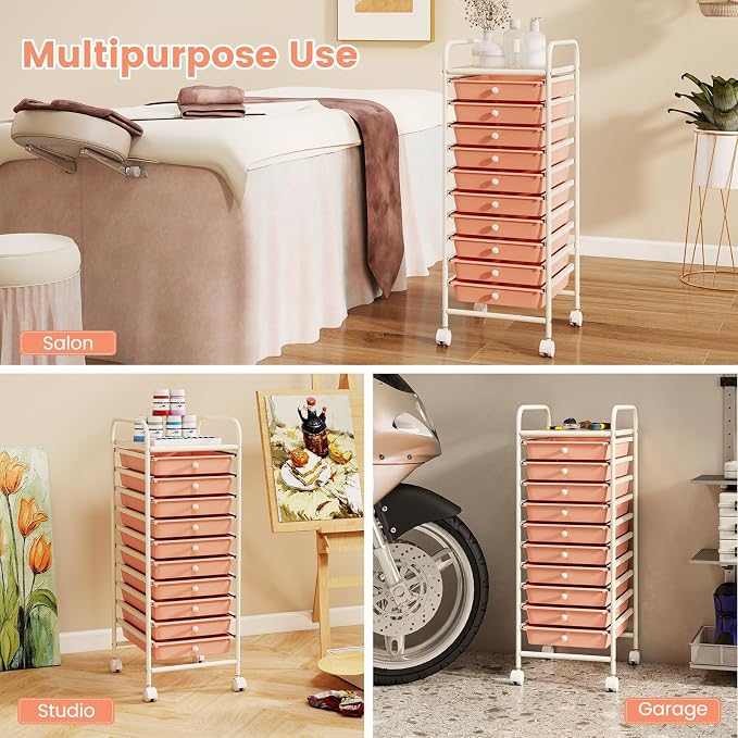 GLACER 10 Drawers Rolling Cart, Storage Cart with w/Removable Drawers & Steel Frame, Utility Mobile Trolley w/Universal Casters & 2 Brakes, Organizer Cart for Home, School, Office (Peach Fuzz)