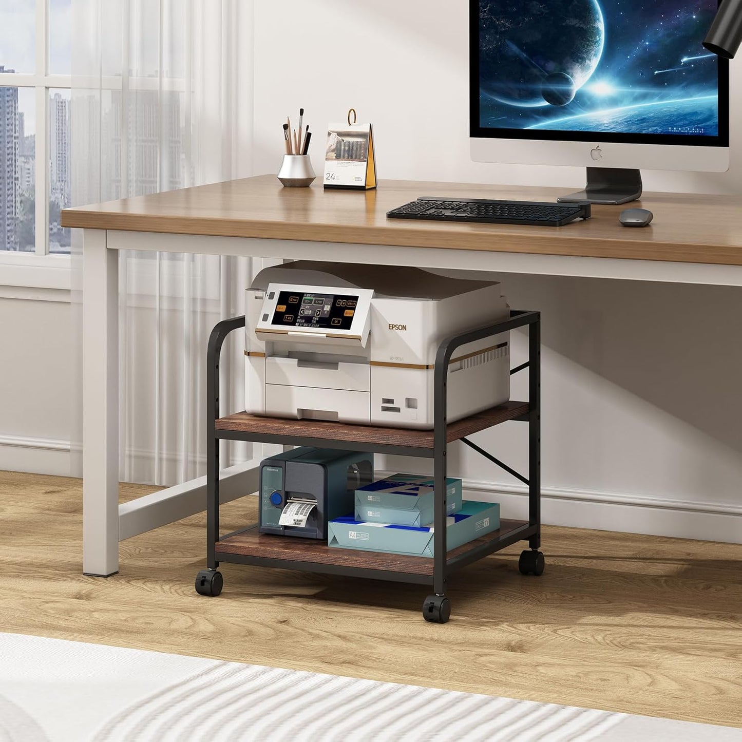 Under Desk Printer Stand, 20 Inches Deep Large Printer Table with Height Adjustable Storage Shelf, 2 Tier Rolling Printer Cart with Wheels for Home Office - Rustic Brown