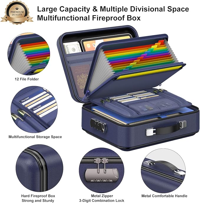 Fireproof Document Box with Lock, Hard Fireproof Document Organizer | Hard-Shell Fireproof Waterproof Safe Box with Combination Lock Blue