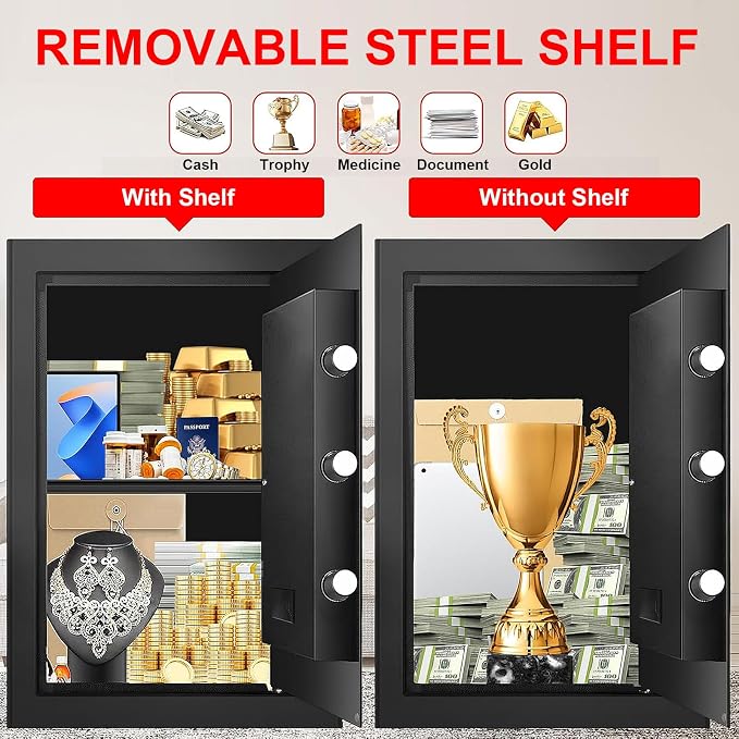 3.3 Cuft Large Home Safes Water and Fireproof, Anti-theft Floor Safe for Home Use with Programmable Keypad, Alarm System and Spare Keys, Digital Home Safes for Documents, Medicine