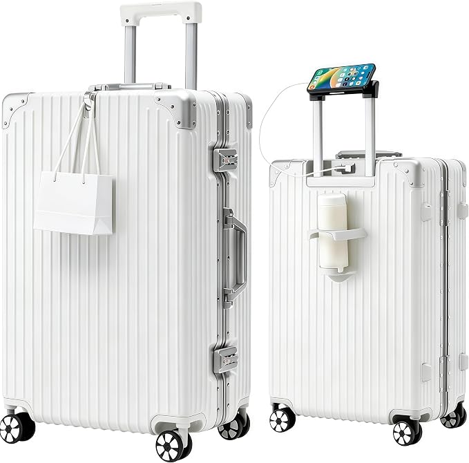 22-Inch Aluminum Frame Hardside Checked Luggage, White | Zipperless PC suitcase, short trip essentials, dual TSA locks, cup holder, USB port, phone stand, bag hook, spinner wheels