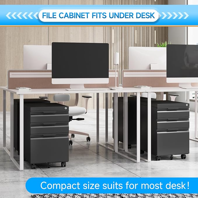 3 Drawer Mobile File Cabinet with Lock, Rolling File Cabinet with Wheels | Metal Small Filing Cabinet with Wheels for Home Office Storage, Fits Legal/A4/Letter/Document Size, Required Assembly, Black