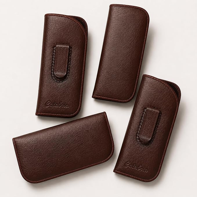 Calabria Slim Eye Glasses Case w/Clip Soft PU Leather Brown Men Women Eyeglasses Pouch Slip-In Eyewear Holder Sunglass Bag - 50PACK