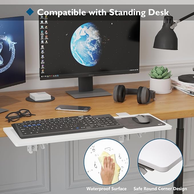 BONTEC Ergonomics Desk Extender Tray, 27.2 x 9.5 Inch, White | 90° Foldable Keyboard Tray Platform, Table Mount Arm Rest Shelf, Clamp on Computer Arm Rest for Office Use