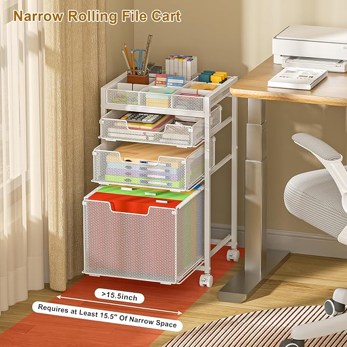 Rolling File Cart with 3 Storage Drawers, Under Desk Organizer with DIY Divider, Moblie Filing Cabinet on Wheels, Fits A4/Letter Size, Metal Utility Cart for Home Office, White