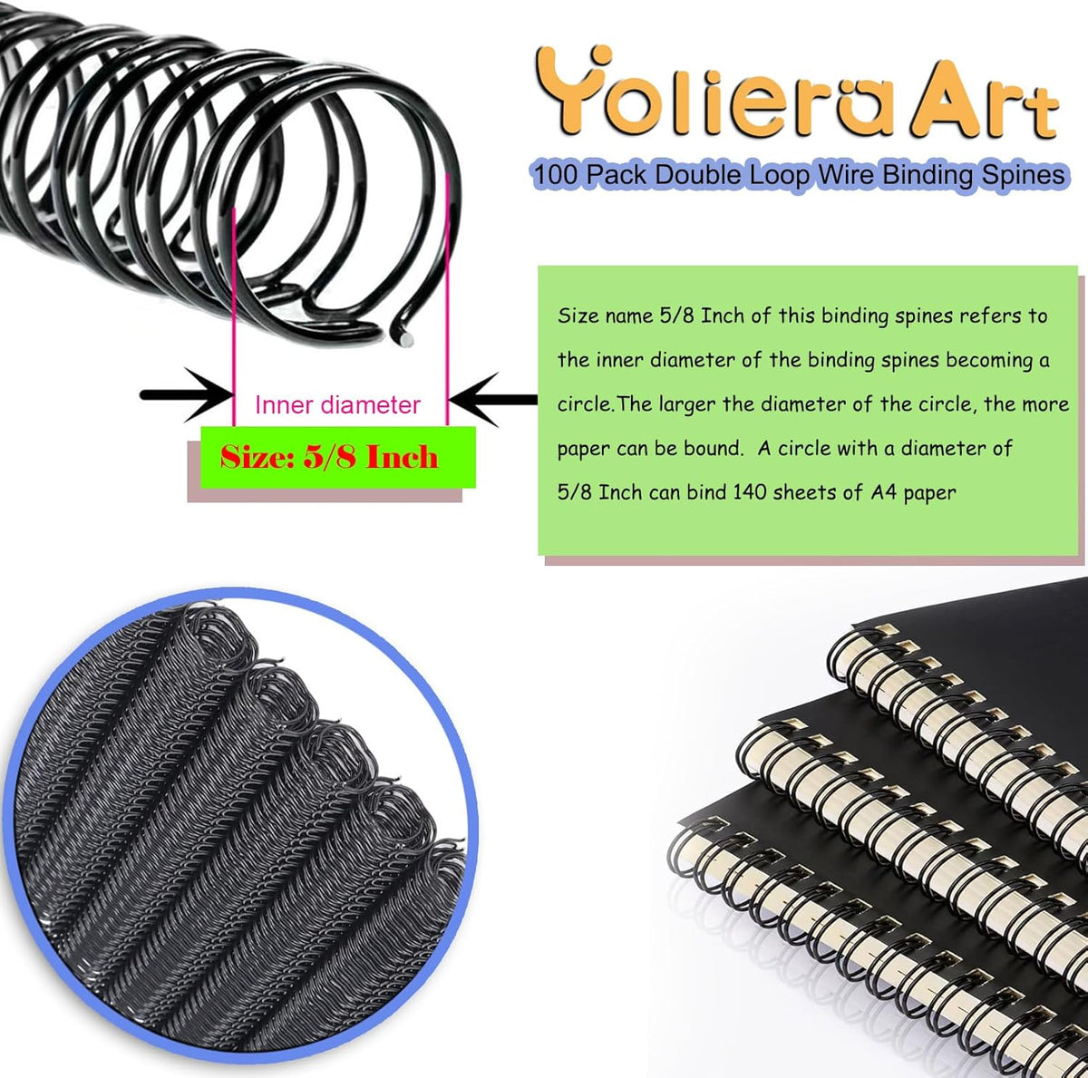100 Pack Double Loop Wire Binding Spines, YolieraArt Wire Binding Spines, 5/8 Inch Binding Wire for Letter Size (140 Sheet Capacity), 100P, 3:1 Pitch, Gold)