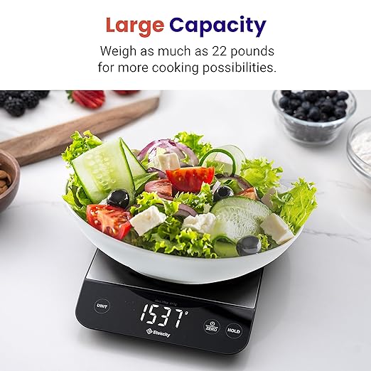 Etekcity 22lb Food Kitchen Scale, USB Rechargeable, IPX6 Waterproof | Digital scale with grams & ounces, 1g precision, 5 weight units, tare, ideal for baking, meal prep, Stainless Steel, Silver