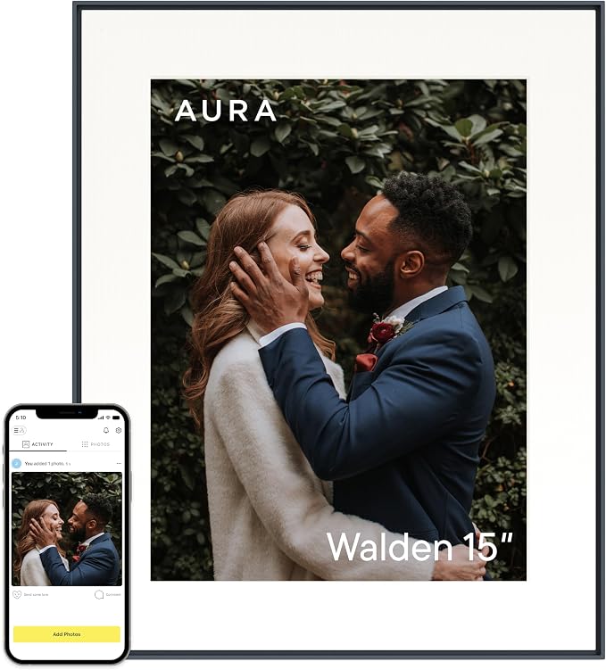 Aura 15" HD WiFi Digital Picture Frame – Free Unlimited Cloud Storage – Send Photos from Phone – No Subscription – Auto On/Off – Gift for Parents & Grandparents (Black Mat, 15")