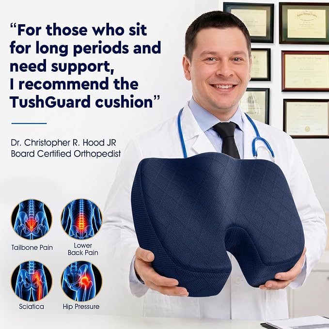 TushGuard Seat Cushion - for Office Chair, Car Seat, Airplane, Bleacher - Sciatica & Coccyx Pain Relief Desk Chair Cushion for Long Sitting Office Workers, Car Drivers(Blue, XXX-Large)