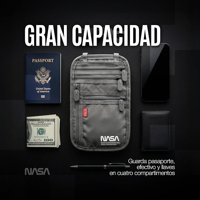 NASA Neck Wallet with RFID-Secured Passport Protection (Lunar Grey) | Slimline Design | Official NASA Insignia | RFID Protection | Key Carabiner | Water-Resistant | Breathable Mesh