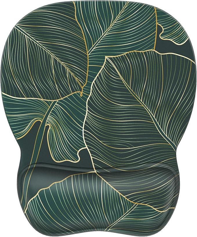 MROCO Ergonomic Mouse Pad with Gel Wrist Rest, 9.4 x 8.1 in, Green Leaves | Ergonomic Shape Design, Multiple Pattern Options, Gel Wrist Comfort, Smooth Lycra Surface, Non-Slip PU Base