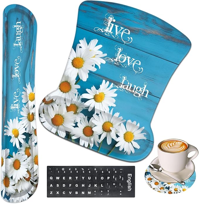 Keyboard Wrist Rest and Mouse Wrist Rest Pad with Coaster,Made of Memory Foam,Ergonomic Support,Easy Typing & Pain Relief,for Home Office Working Studying,Daisy Flowers Quote Live Love Laugh