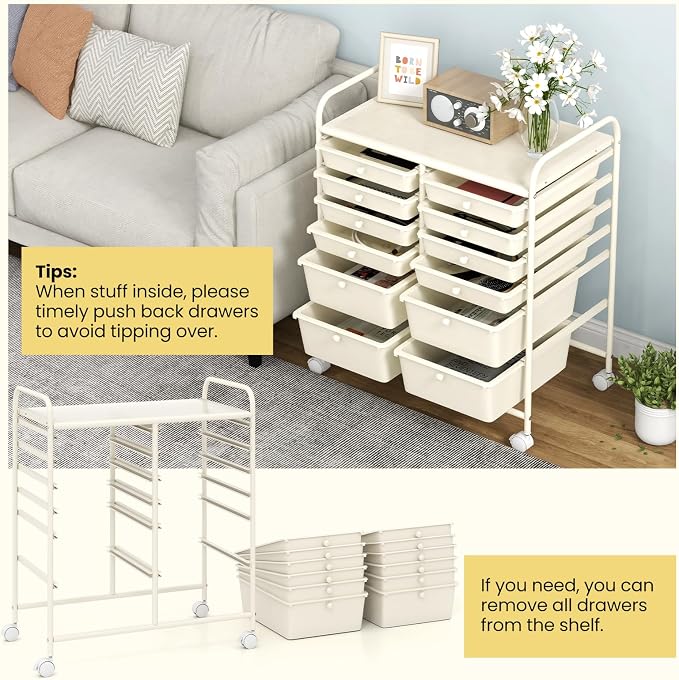 BECOMFORT 12-Drawer Rolling Cart with Drawers, Storage Cart on Wheels, Teacher Classroom Organizers with Metal Frame, Mobile Craft Cart, Trolley Utility Cart for School Office Play Room