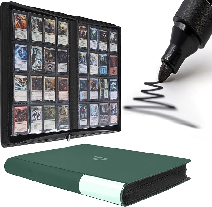 D DACCKIT Card Binder 16 Pocket - Fits 1024 Cards，4X4 Ringless Card Album with Sleeves for Trading Cards & Sports Cards（Model A，Blackish Green）