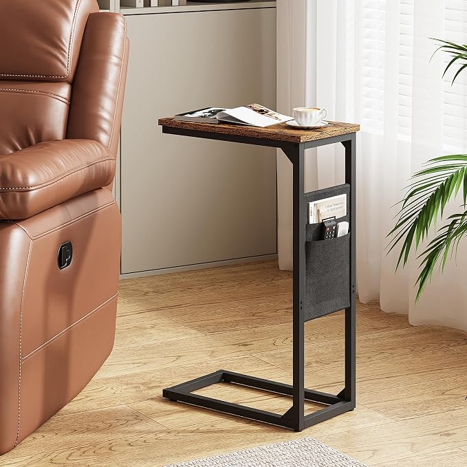 TUTOTAK C Shaped End Table, Side Table for Couch, Sofa Table | with Storage Bag, Set of 2, TV Tray for Living Room, Bedroom, Brown TB01BB0822