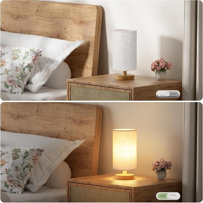 Small Lamps Set of 2 (Cream Shade - Wood Base, 9" Inline Control) | Two 3000K LED Blubs Included | 680 Lumens | Easy Assembly | Minimalist Design | E26 | for Kitchen | for Kids Room