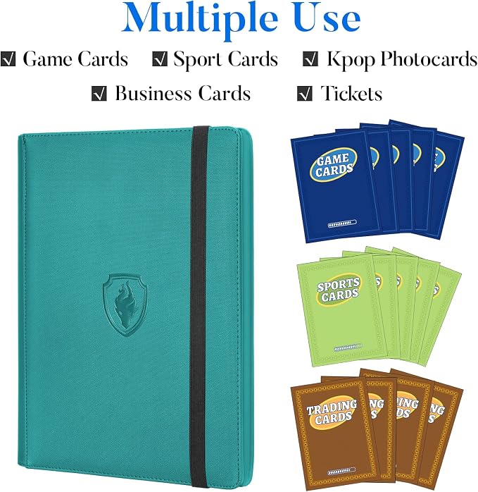 Premium 9 Pocket Card Binder for 540 Cards, Fabmaker PU Cover Trading Card Binder, Sturdy Card Collection Album, Sleek Card Holder Folders for Game Cards & Sports Cards, Turquoise