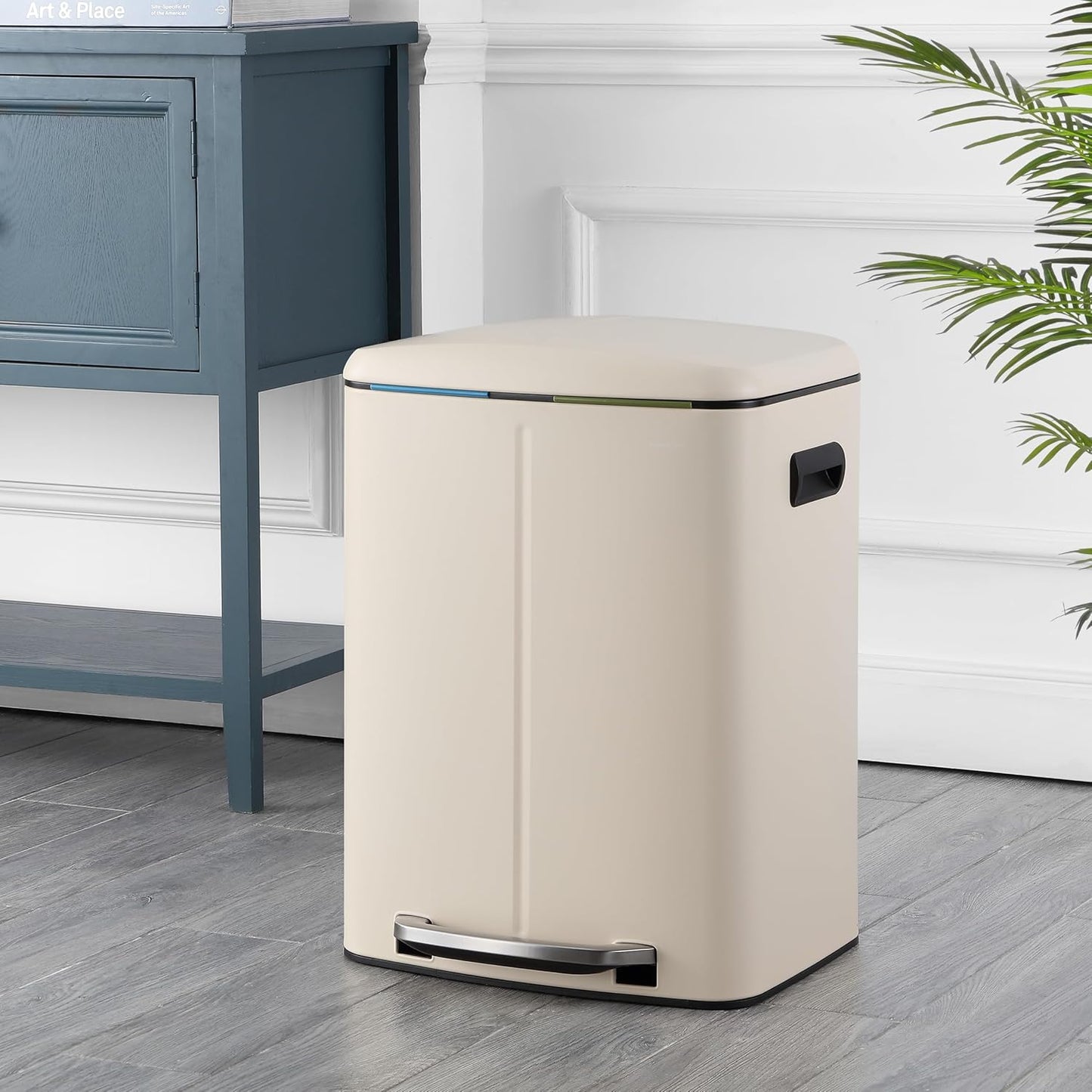 happimess HPM1005F Marco Rectangular 10.6-Gallon Double Bucket Trash Can with Soft-Close Lid, Fingerprint Resistant, Modern, Minimalistic for Home, Kitchen, Office, Bathroom, Limestone Beige