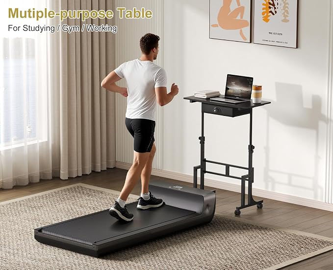Adjustable Height Standing Desk With Drawer, Rolling Sit Stand Up Desk With Wheels, Small Sit To Stand Computer Desk, Adjustable Desktop Height, On Wheels, Black, For Walking Pad Laptop Treadmill