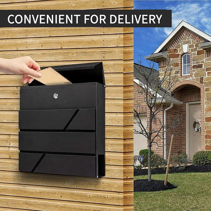 Wall-Mount Mailbox with Lock and Keys, Locked Drop Box for House Outside, Security Steel Metal Mail Box with Newspaper Compartment, 14.57 x 14.57 x 4.33 Inch, Black, MD025 X-Large