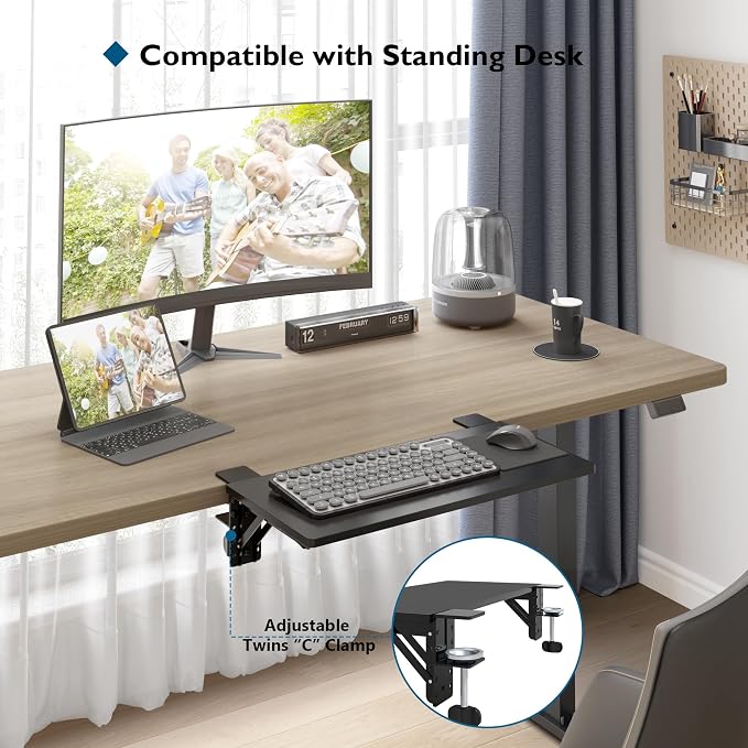 BONTEC Small Ergonomics Desk Extender Tray, 20x9.5 Inch Table Mount Arm Rest Shelf, 90° Foldable Keyboard Tray Platform, Clamp on Computer Arm Rest for Desk, Suitable for Office Desks, Black | 90° Foldable Keyboard Tray Platform, Table Mount Arm Rest S...