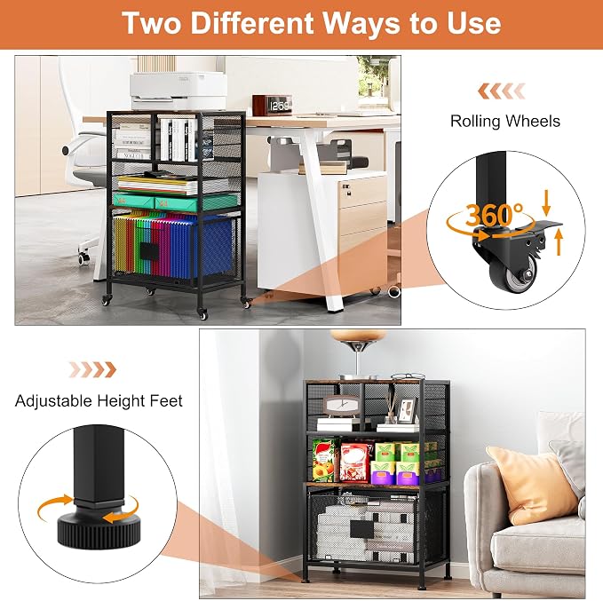 EasyPAG Rolling Cart with Storage Drawer, Under Desk Filling Cabinet with Mail Sorter, Pull Out Hanging File Rack for Letter Size Folders, Mobile Utility Craft Cart for Home Office, Black