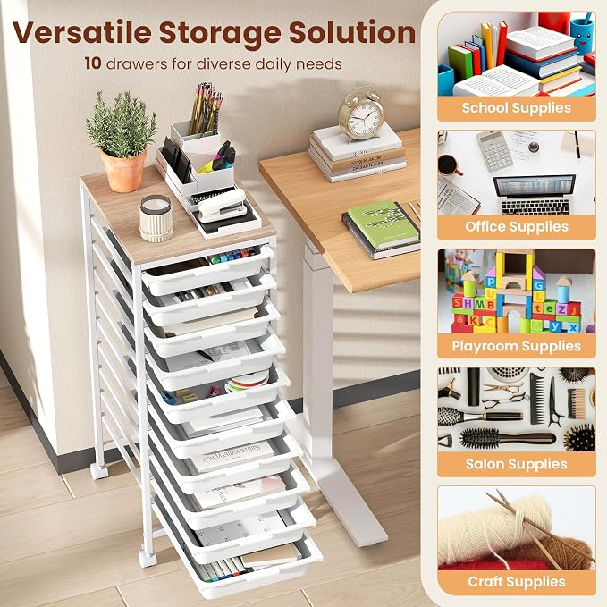 Giantex Rolling Storage Cart with 10 Drawers, Utility Cart w/Wooden Tabletop, Lockable Wheels, Multipurpose Organizer for Art Craft Books Paper, Drawer Carts for Dorm Classroom Office, White