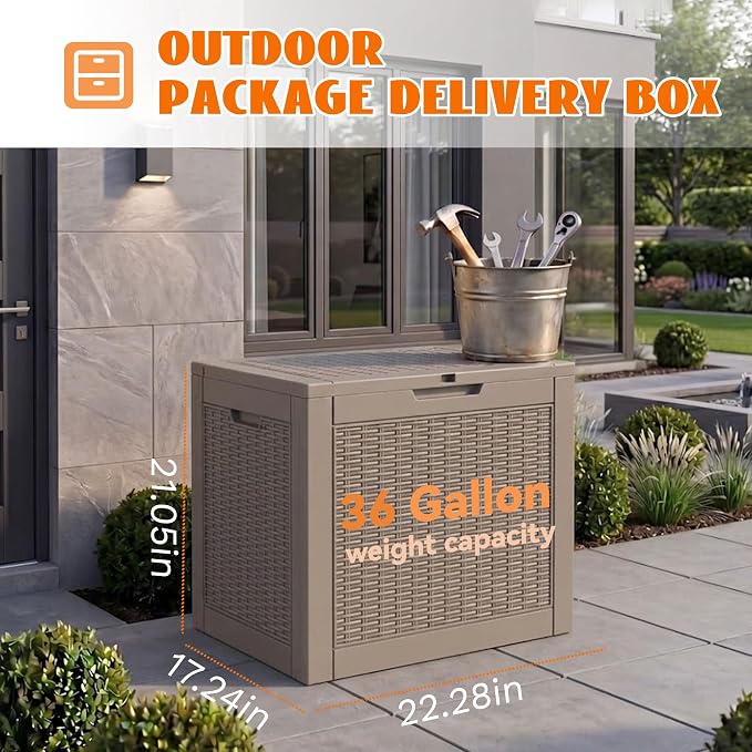 36 Gallon Package Delivery Boxes for Outside, Resin Outdoor Storage Box with Rattan Pattern, Storage Cabinet for Parcel Shipping & Storage