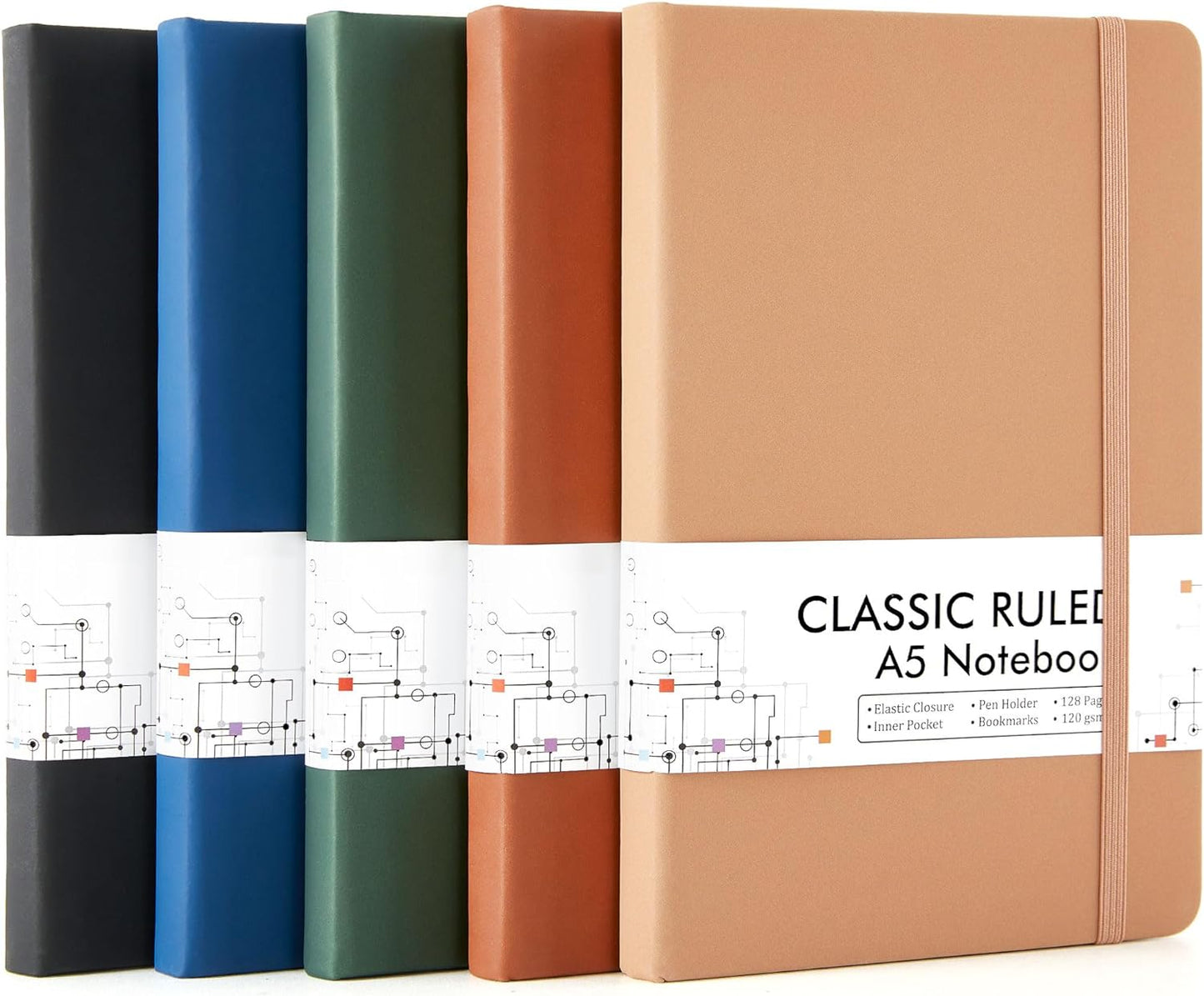 feela Journal Notebook Bulk for School, Hardcover Business Classic Ruled Lined Journals with Pen Holder for Work Office Journaling, with 5 Black Pens, 120 GSM, 5.1”x8.3”, 5 Pack, A5, Vintage Colors