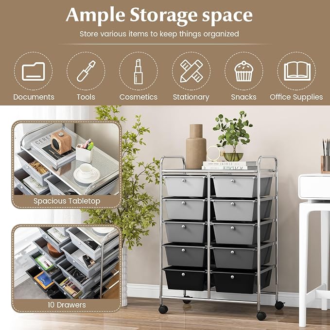 COSTWAY 10 Drawer Rolling Storage Cart, Utility Cart with Lockable Wheels | Mobile Art Supply Craft Organizer with Metal Frame, Multipurpose Drawer Cart for Paper for Office, School, Mixed Black