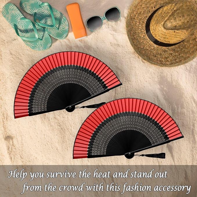 OMyTea Folding Hand Fan for Women - Foldable Chinese Japanese Vintage Bamboo Silk Fan - for Hot Flash, Church, Decoration, EDM, Music Festival, Dance, Party, Performance, Gift (Sexy Black - Red)