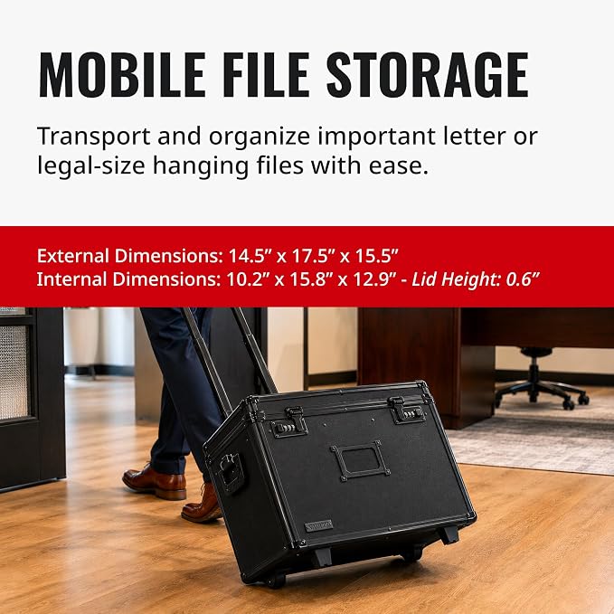 Vaultz Locking Mobile File Chest, Letter/Legal Size Storage Box, Black | Rolling filing chest storage for letter and legal size files, secure lock, compact 17.5x15.5x14.5 in black footprint