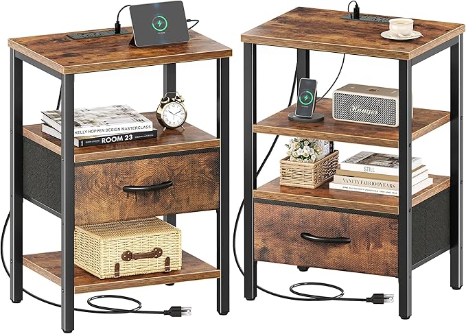SUPERJARE Nightstand Set of 2 with Charging Station, USB-C Port, End Tables | Night Stand for Bedroom, with Adjustable Fabric Drawer, 3-Tier Storage Bedside Tables for Living Room, Rustic Brown