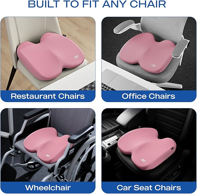 Skechers Seat Cushion, Ergonomic Memory Foam Cushion for Long Sitting Hours on Office & Home Chair, Car Seat Cushion for Sciatica, Coccyx Cushion,Pink
