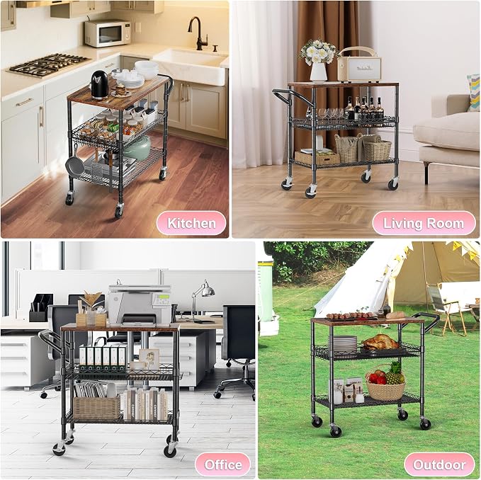 3 Tier Rolling Carts with Wheels, Heavy Duty Rolling Utility Cart with Wood Tabletop, Commercial Grade Metal Cart with Handle and Hooks, NSF Storage Serving Carts for Kitchen Island, Wood+Metal