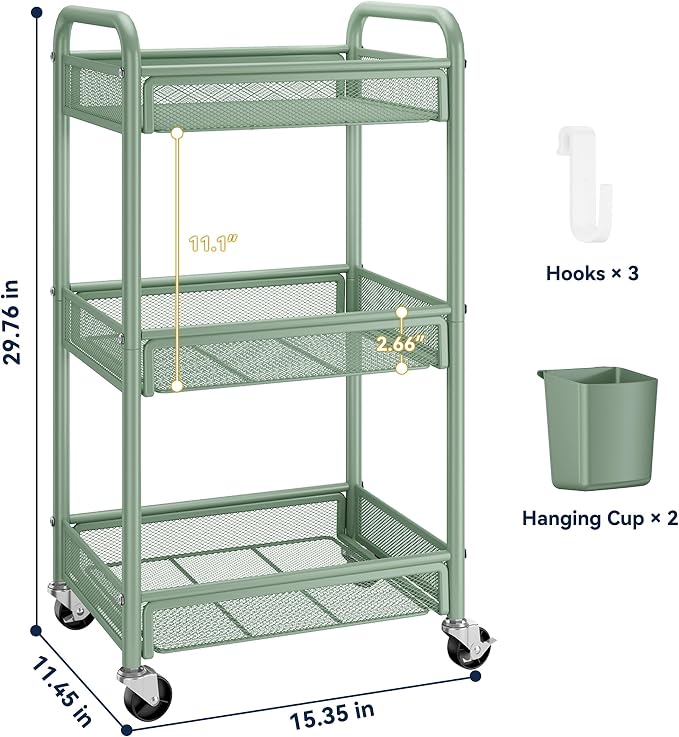 3 Tier Metal Rolling Cart, Green Utility Storage Cart with Wheels | Metal Mesh Craft Cart With Hooks & Hanging Cups, Ideal For Kitchen, Bathroom, Office, Dorm, Art Workspace, Bedside Storage